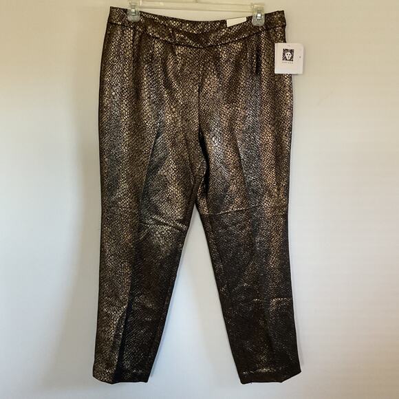 Anne Klein Pants Womens 12 Gold Black Metallic Snake Print Embossed Straight Leg - Picture 1 of 15